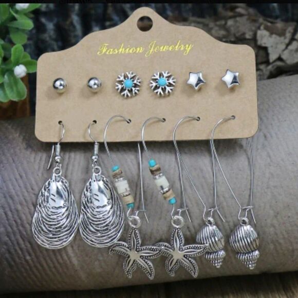 Bohemian beach style earrings starfish oyster conche shells hearts beaded - Picture 2 of 7